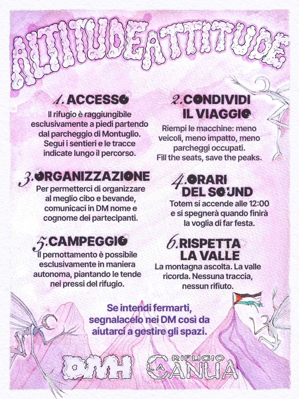 La tavola Altitude Attitude: le sei regole della festa scritte su un acquerello rosa, con le montagne e il logo del Rifugio La Canua