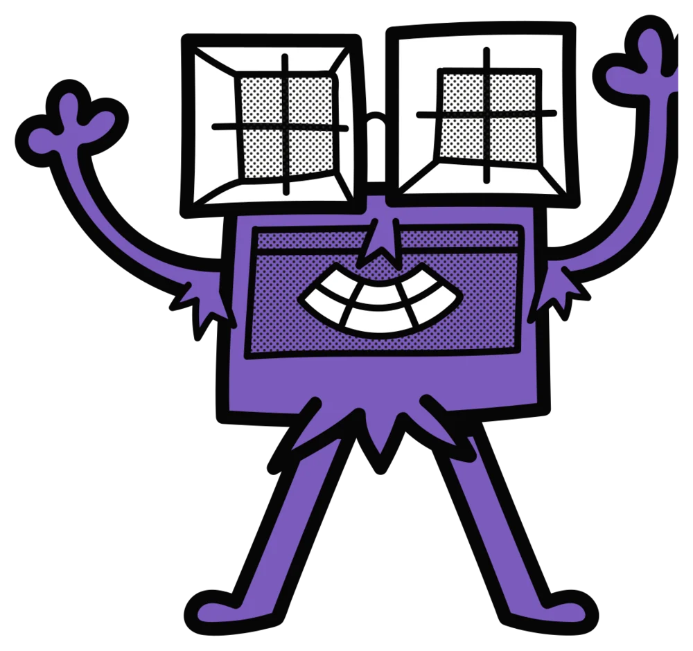 Il Totem disegnato come personaggio: una cassa viola che sorride, con due trombe al posto degli occhi